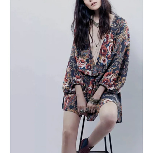 Free People High Plains Tunic Dress Size Small Blue Vintage Floral Print Boho - Picture 15 of 15